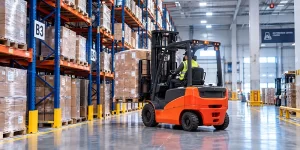 warehouse forklift operating inside a distribution center